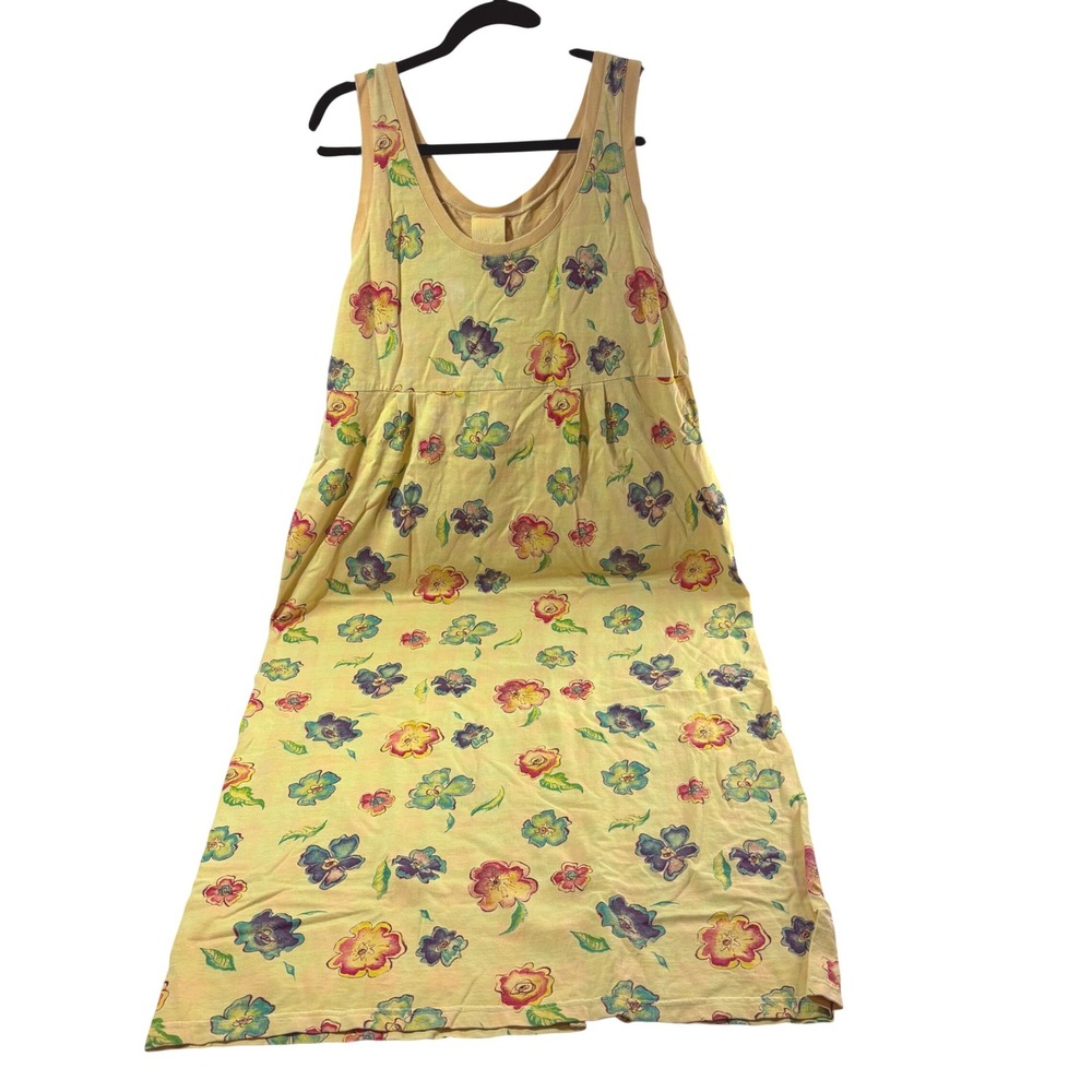 Vintage Maze Yellow Floral Cotton Jersey Maxi Dress Sleeveless Empire Waist 90s